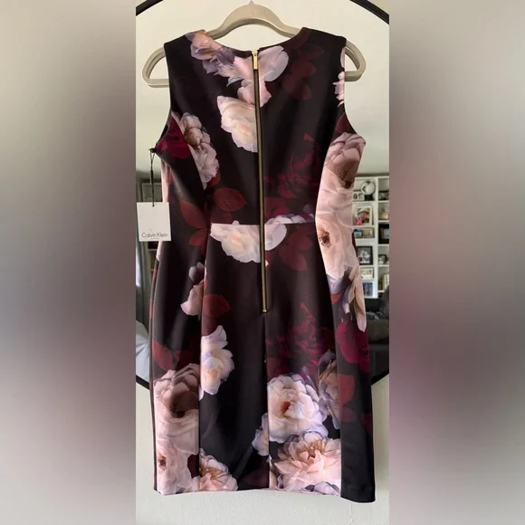 Calvin Klein Black and Pink Floral Zipper Dress Size 12P - Picture 2 of 6